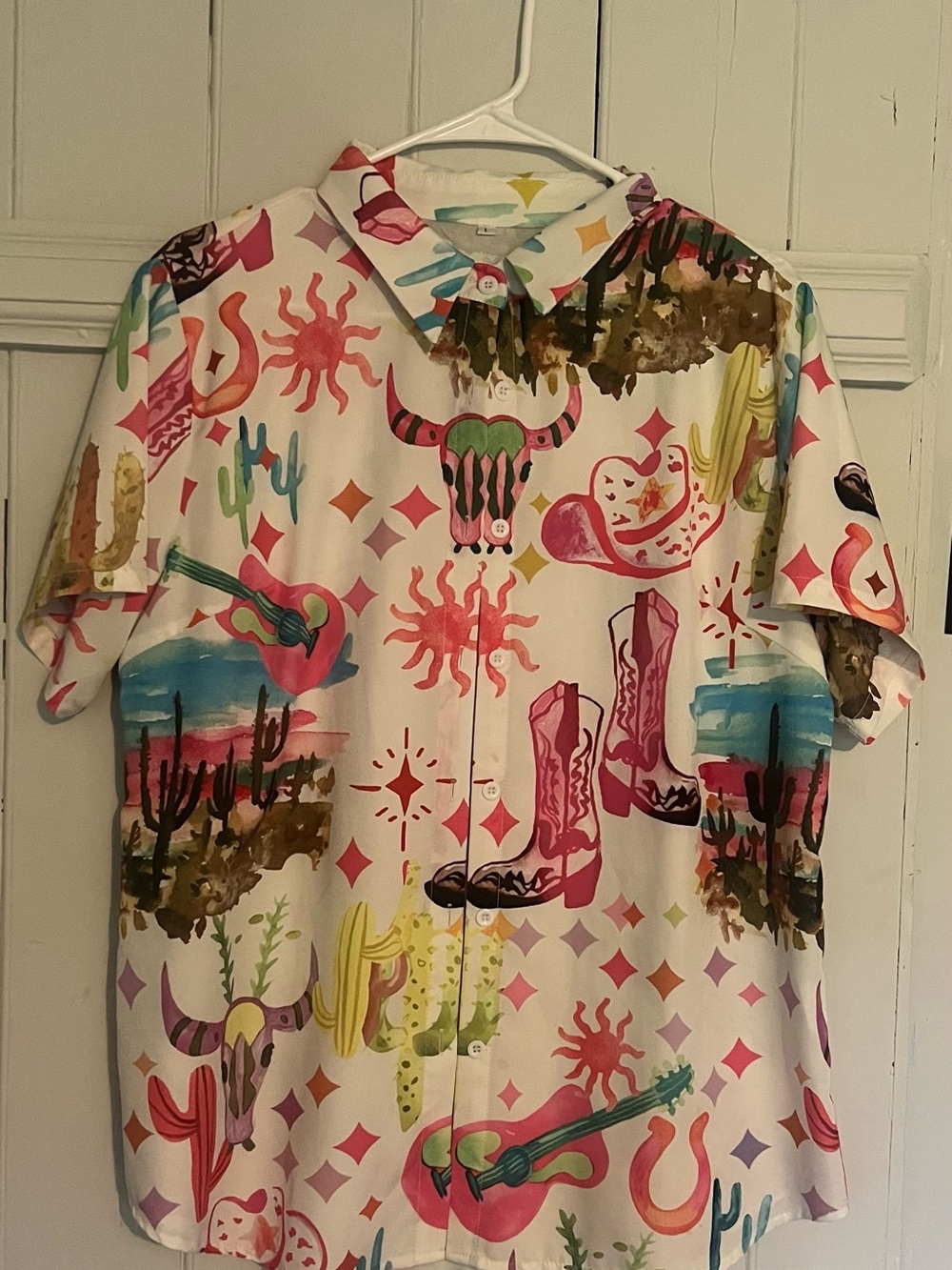 White Short-Sleeve Button-Down Shirt with Colorful Western Print